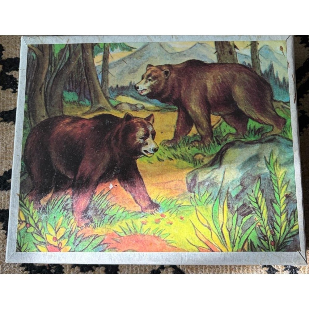 Antique Vtg Wood Block Cube Puzzle Forest Animals 6 Puzzles 20 Blocks